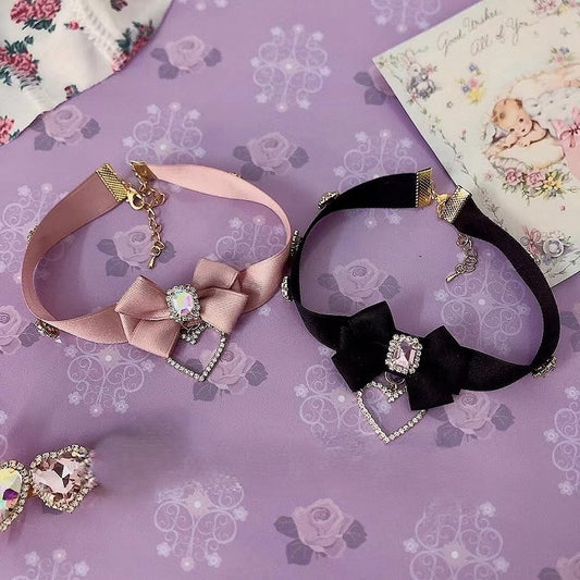 Choker with Rhinestone Black/Pink Pendant Heart Bow