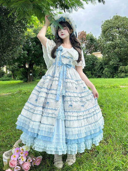 Ruffles White Floral Version Short Blue Lolita Classic Print Elegant Layered Dress