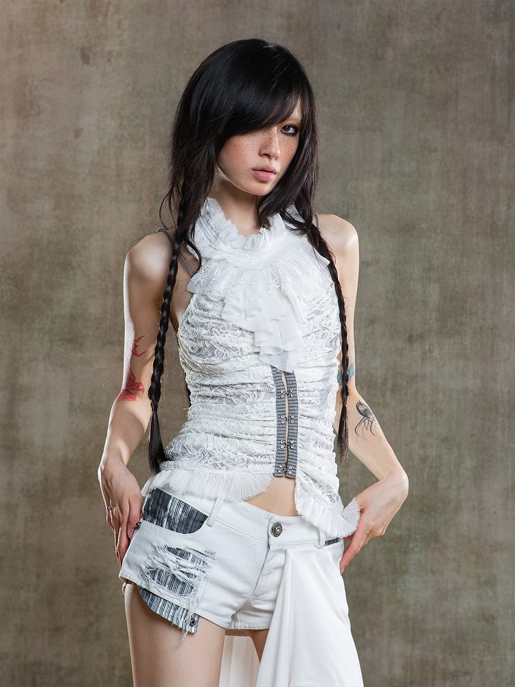 Punk Crisscross Cami Embroidered Floral with Lacing Top Beige Back Gothic