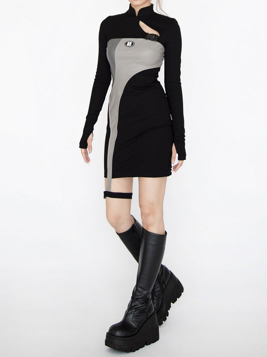 Cyberpunk Futuristisches Schwarz-Graues Stehkragen-Cutout-Detail Glamouröses Kleid mit Strumpfband