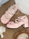 with Mid - Heel Pink Mary Bow Lolita PU Elegant Accent Janes