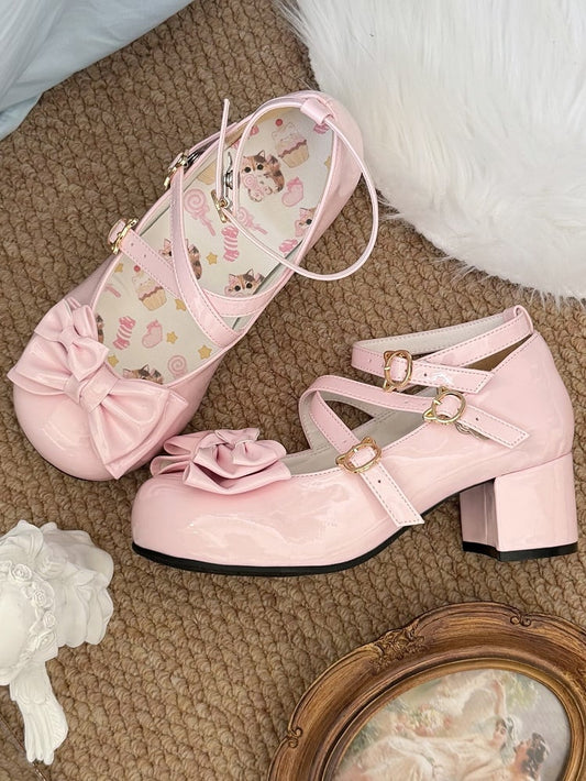 with Mid - Heel Pink Mary Bow Lolita PU Elegant Accent Janes