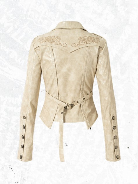 Yellow Belt Rose Jacket with Punk Buckle Embroidery Cropped Tailored Khaki