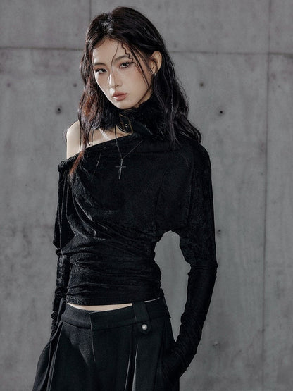 Black Velvet Asymmetrical Cutout Shoulder T-Shirt - Low pixel