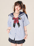 Kawaii Striped With Daily Pattern Bow Blue Sailor Tie Collar Shirt