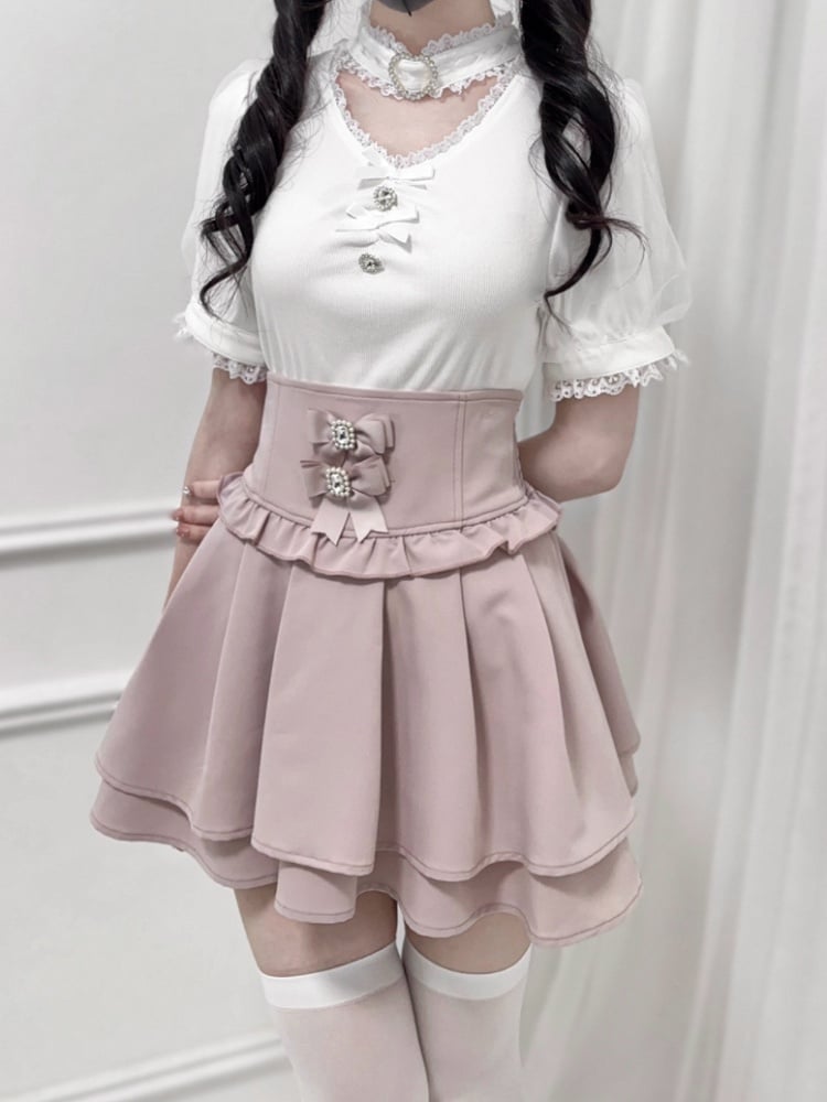 Jirai Kei Blouse Decoration Choker Design White Bowknot and Rhinestone