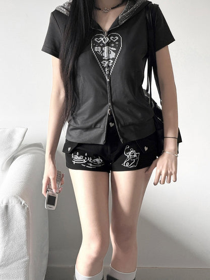 Dark Gray Bunny Ear Hoodie with Pixel Print - Kyouko Baby