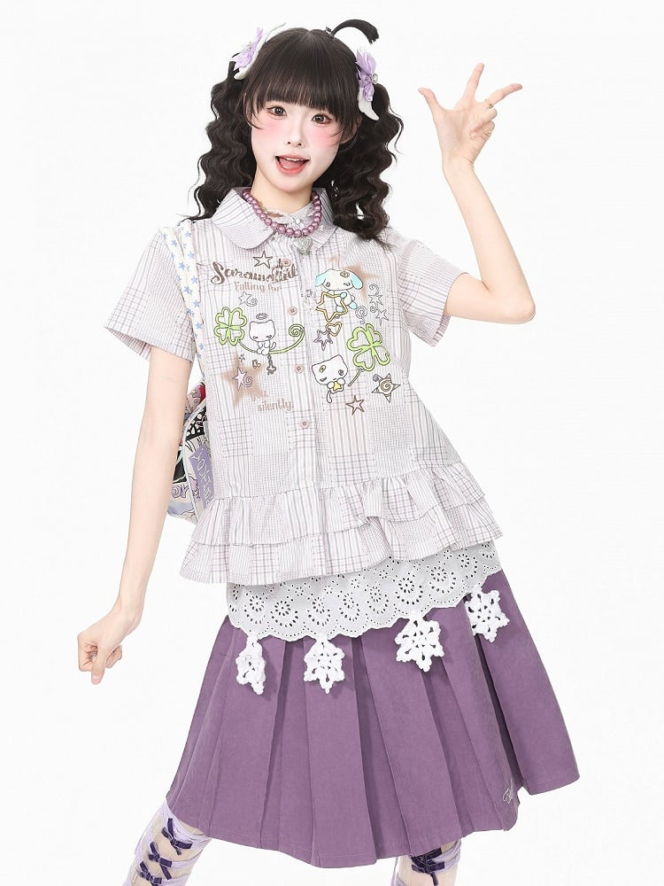 Purple Plaid Short Sleeve Shirt with Cartoon Print - Languid Park