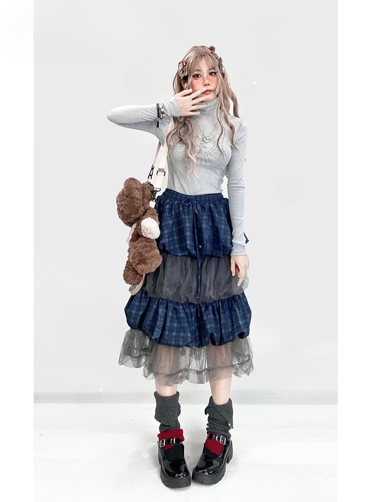 Blue Plaid Pattern Patchwork Tiered Bubble Skirt