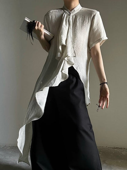 Cascading Prince Short Ruffle Light - Ouji Accents Asymmetrical Hem Shirt Sleeves Green