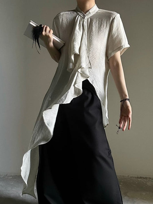 Cascading Prince Short Ruffle Light - Ouji Accents Asymmetrical Hem Shirt Sleeves Green