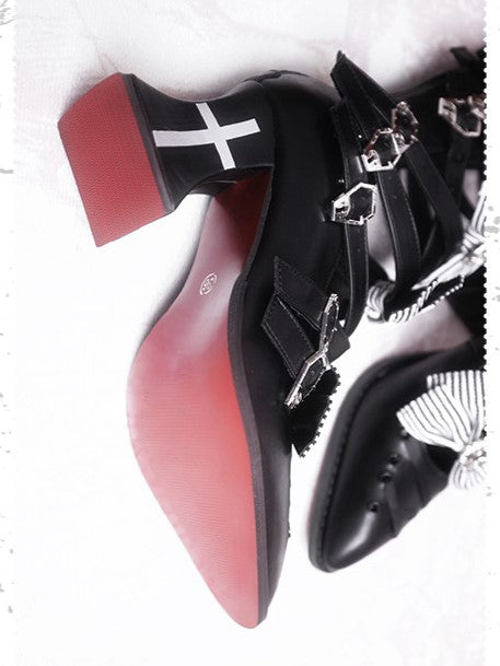 Detachable Striped Bow Gothic Pointed Toe Red Sole Boots with Cross Print - NRose
