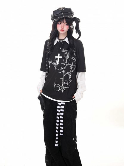 Two-Piece Top Cross Long Sleeve Black Punk Print Faux with