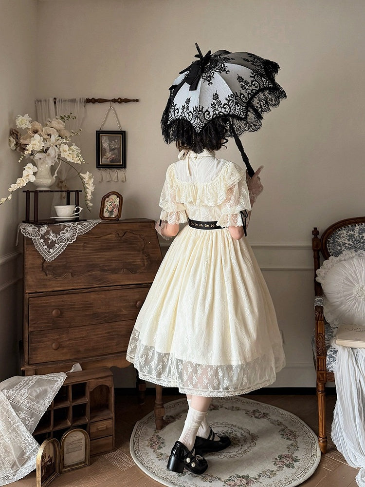 Two-Tone Beige and Black Lolita OP Gown with Edward Collar, Sheer Lace and Ribbon Trims - Miss Cube Dressworks