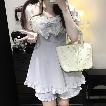 オフショルダーネックラインミニドレス＆ショーツセット ジライケイ ブラック/ピンク/ブルー