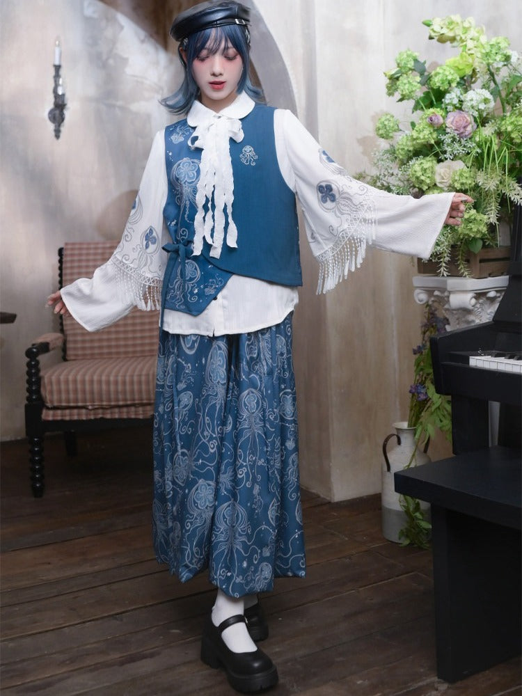 Blue Asymmetric Vest with Jellyfish Print & Embroidered Details - Quirky Hut