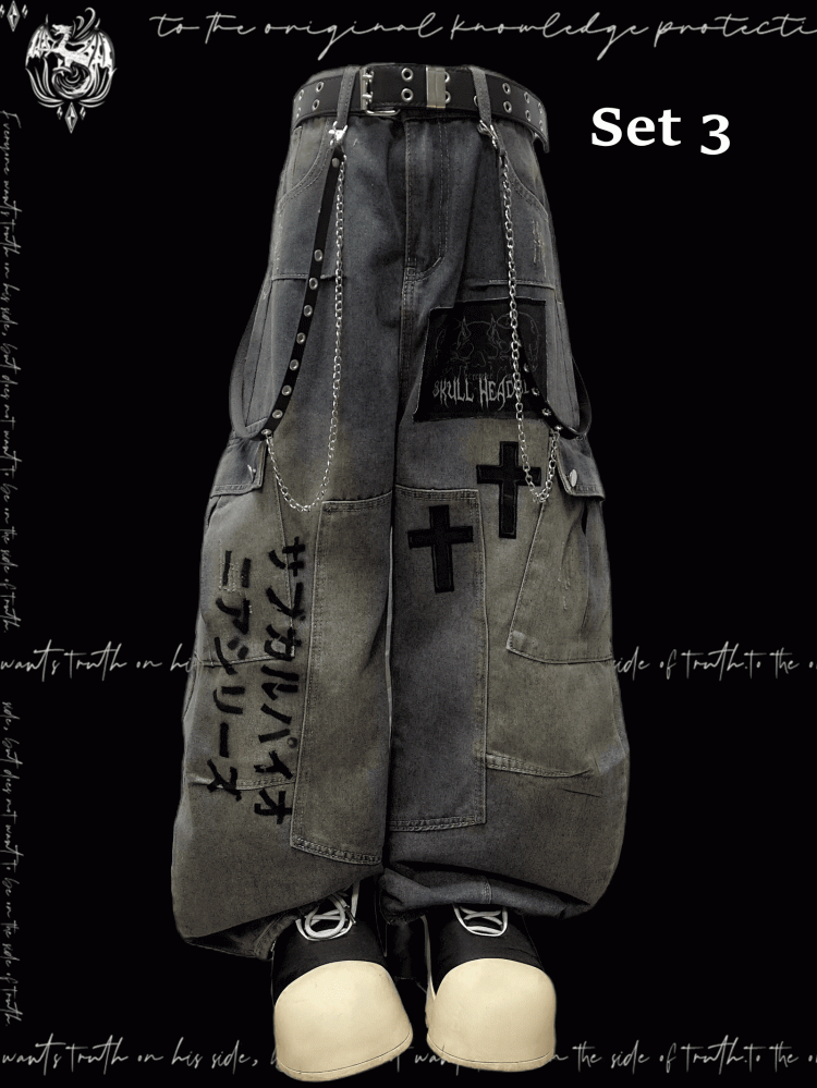 Jeans Blue Cross Applique Wasteland Punk Distressed Weites Bein Cargo