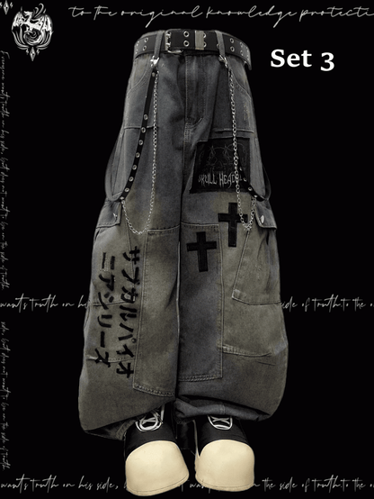 Jeans Blue Cross Applique Wasteland Punk Distressed Weites Bein Cargo