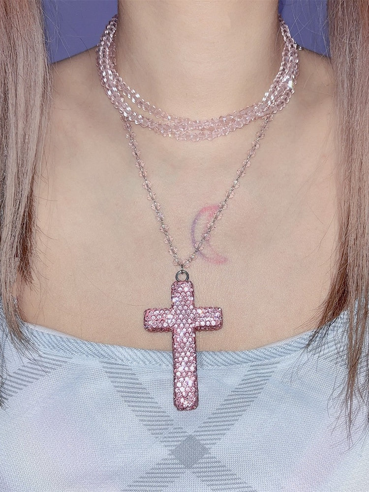 Necklace Layered Punk Pink/Blue Y2K Cross Rhinestone
