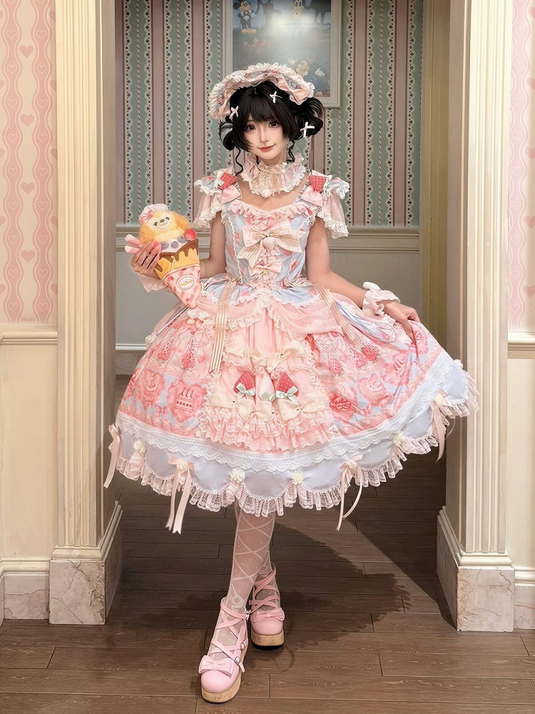 Blue & Pink Strawberry Cake Print Flutter Sleeve Lolita JSK - Ball Lolita