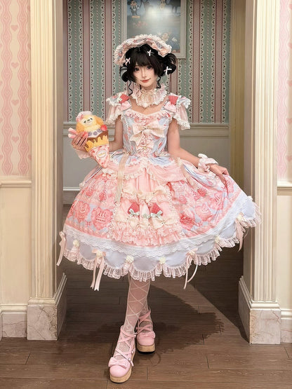 Blue & Pink Strawberry Cake Print Flutter Sleeve Lolita JSK - Ball Lolita