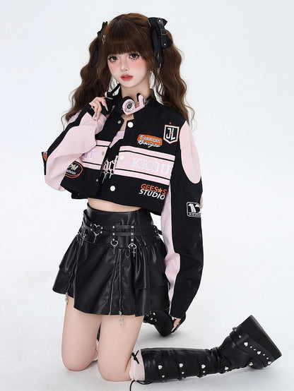 Jacket 2-in-1 Pink Black Detachable in Lining Plush Fleece Baseball with Letters Embroidered