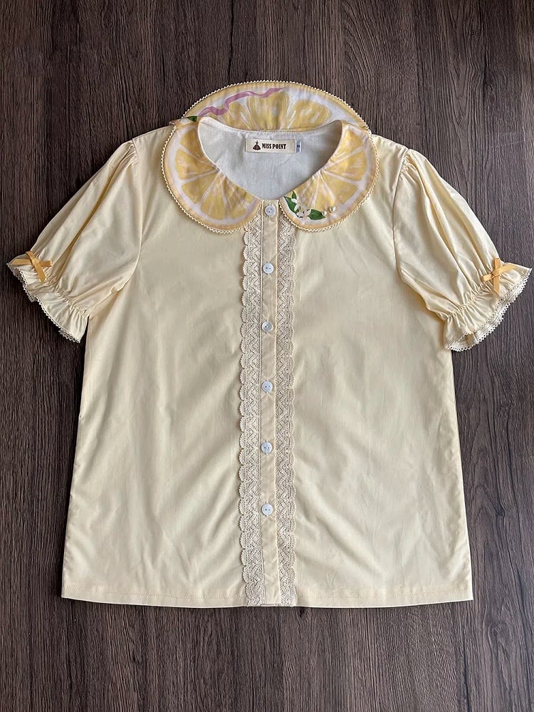 襟付きショート丈イエローレモンパンシャツ ピータープリントスリーブ