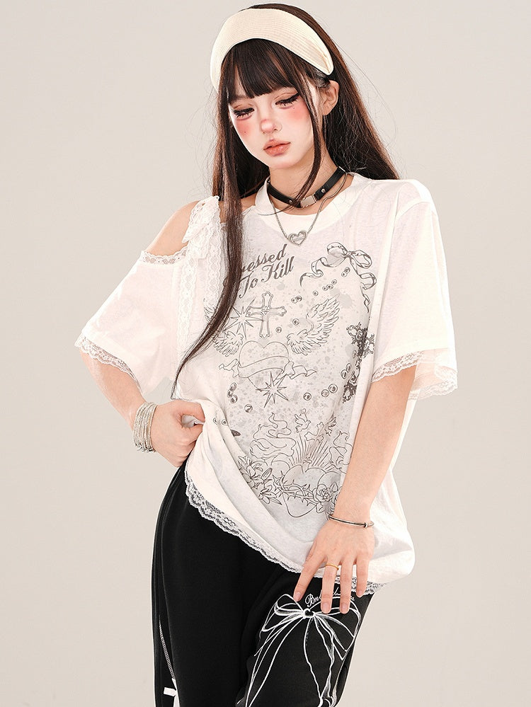 White Cutout Shoulder Lace Trim Loose Graphic T-shirt