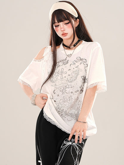 ホワイトカットアウトショルダーレーストリムルーズグラフィックTシャツ