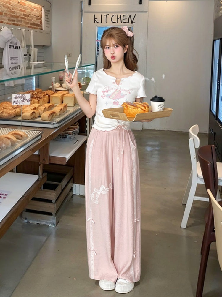 Sweet T-Shirt Big Hem Lettuce Hem White Cake Print Neckline Pins Bow