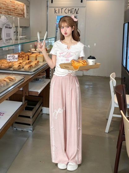 Sweet T-Shirt Big Hem Lettuce Hem White Cake Print Neckline Pins Bow