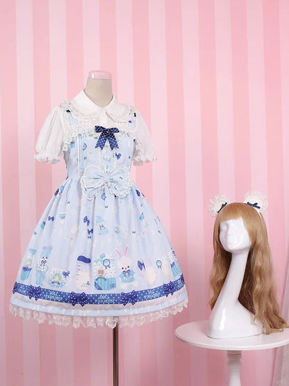 キュートなクマ柄 ブルー/ネイビー ウエスト ライトブルー エンパイア