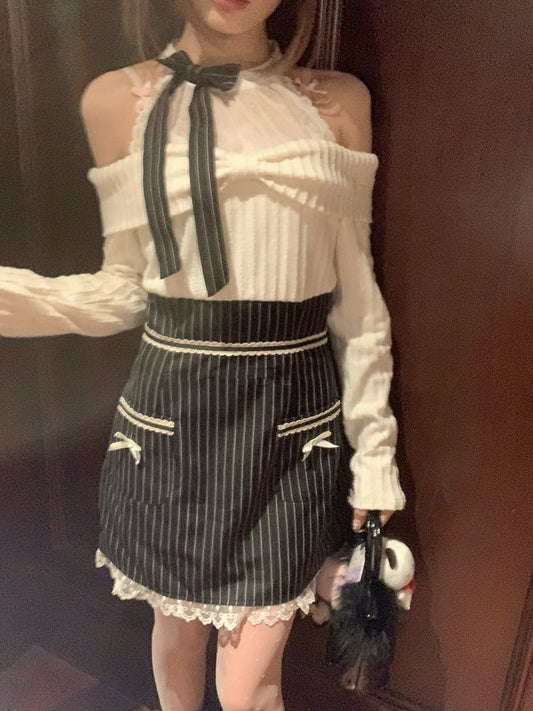 Clean Kei Dress in Halter White Innocent Jirai Stripes Black