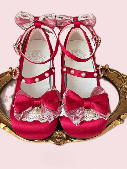 Bow Wine in Sweet Satin Heels Heart with Lolita Low Bead-Embellished Accents Closure Red