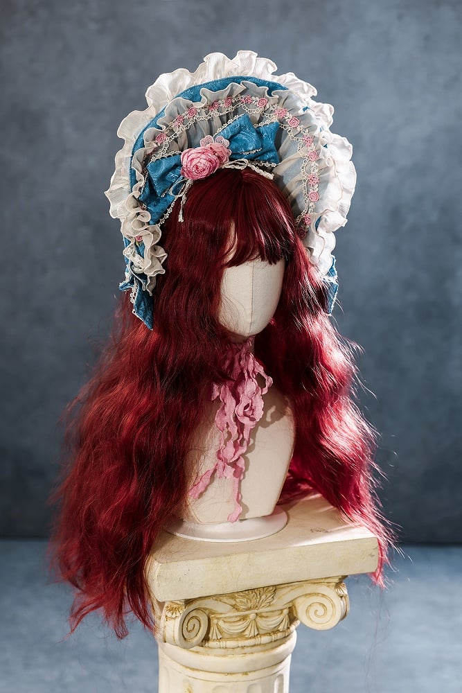 ブルーの花嫁ロゼット刺繍の花とビーズチェーンのディテールロリータOPフルセット