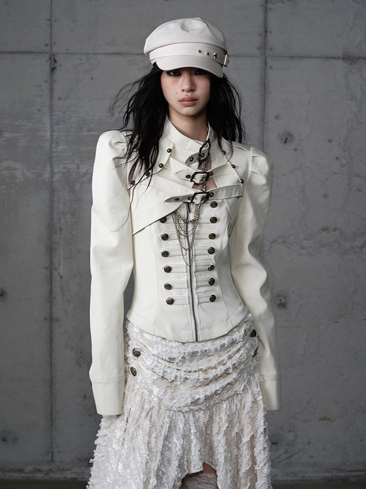 Buckled Punk Straps Crop Jacket with Collar Stand Beige Knight-Style