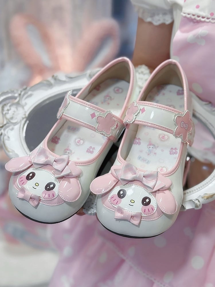 Lolita Bow Decor Toe Round - Flower Mary Accents Janes Sweet with Bunny Velcro Pink Theme