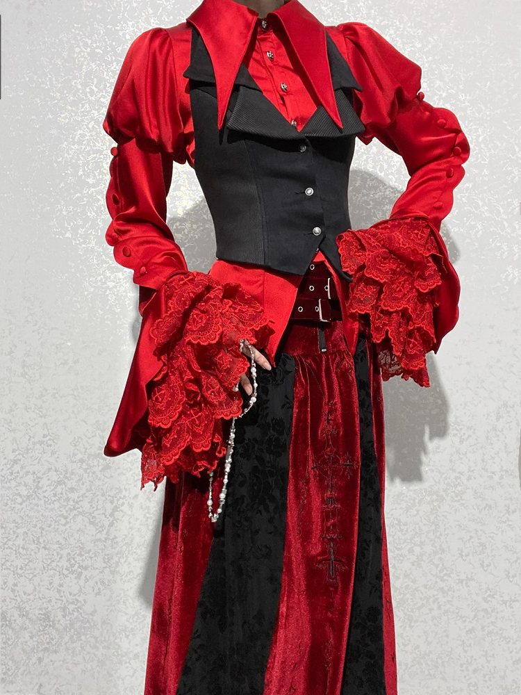 Tail Ouji Foldover Shirt Rot Langarm Spitzkragen Lolita BE004