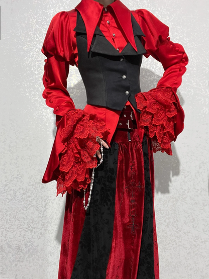 Tail Ouji Foldover Shirt Rot Langarm Spitzkragen Lolita BE004