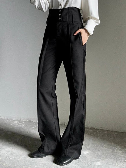 Waistband Straight-Leg Flare with Black High-Waisted Ouji Pants Vertical Lolita Buttoned