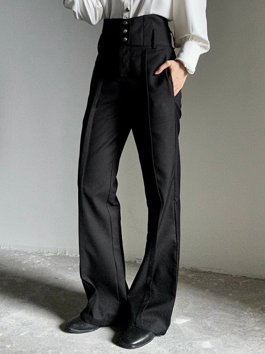 Waistband Straight-Leg Flare with Black High-Waisted Ouji Pants Vertical Lolita Buttoned