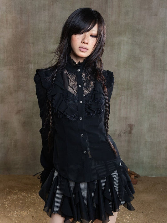 Gothic Floral Semi-Sheer Blouse Chiffon Sleeves Black Embroidery Punk Poet with