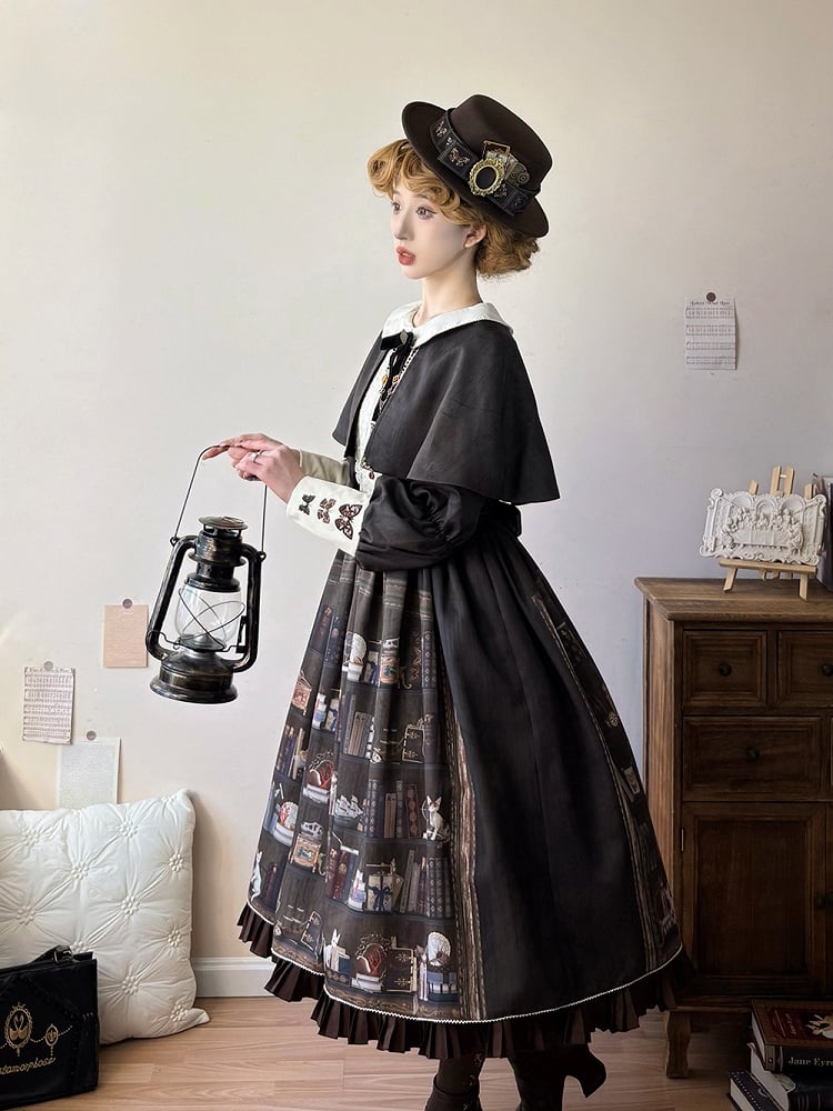 Dark Brown Bookshelf Print Long Sleeve Lolita Dress Cape - Miss Point