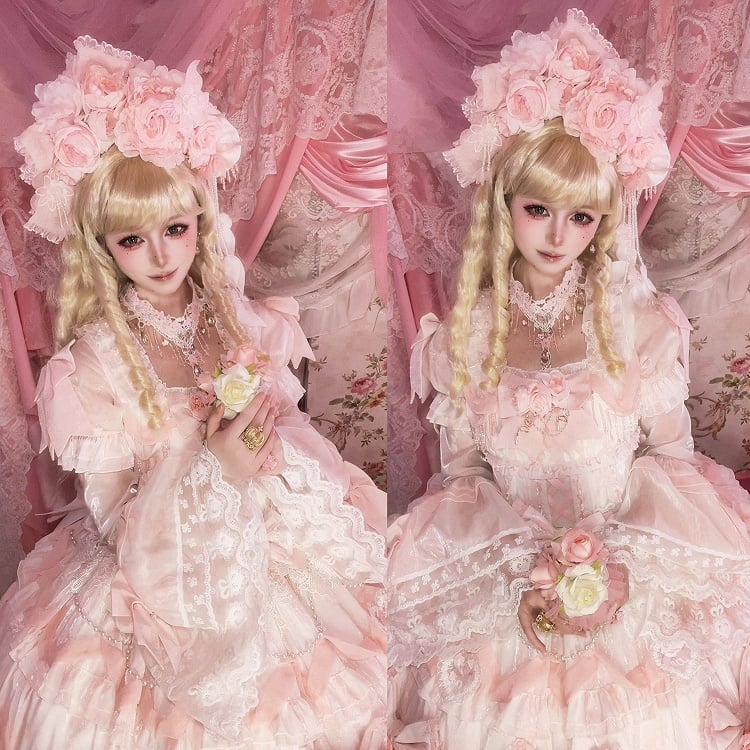 Rose Hanayome Lolita Hime Gown with Detachable Sleeves, Flower Bows and Pearl Chains - sedef