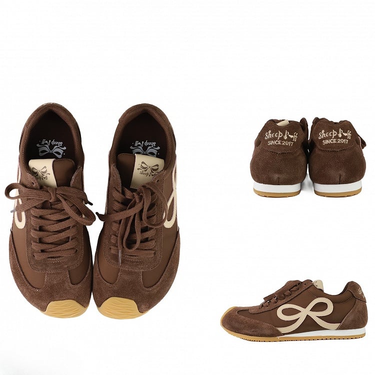 Design Bowknot Ties Front Lace-up Brown Sneakers