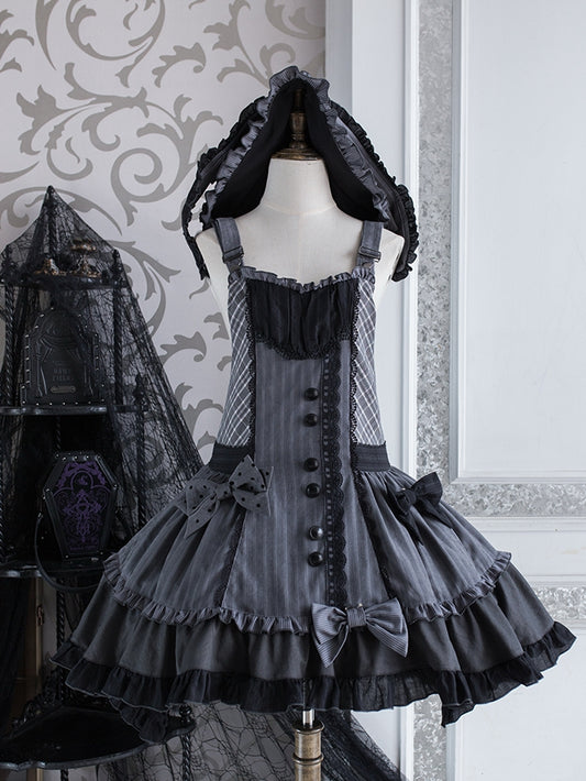 Abnehmbares Mieder, graue, dunkle Overall-Kapuze, kariertes Lolita-Ohren-Häschenkleid mit Muster