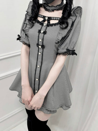 セット - フラッタースリーブセルフタイボウバックミニドレス + ショーツ ハウンドトゥース ジライケイ + チョーカー