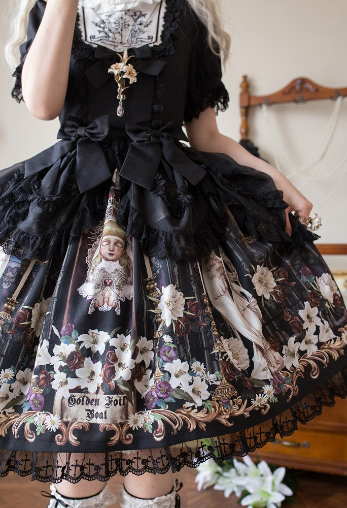 Lily and Puppet Doll Print Black Dark Gothic Lolita Short Sleeves Dress