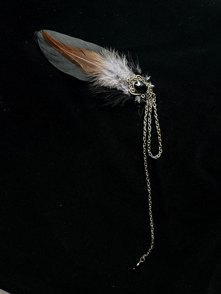 with Brooch Feather Accents Black Rhinestone Charm Chain