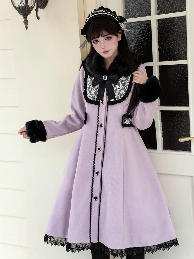 Jirai Black Purple Kei Style Vintage - Waist-Defining Coat with Collar Plush
